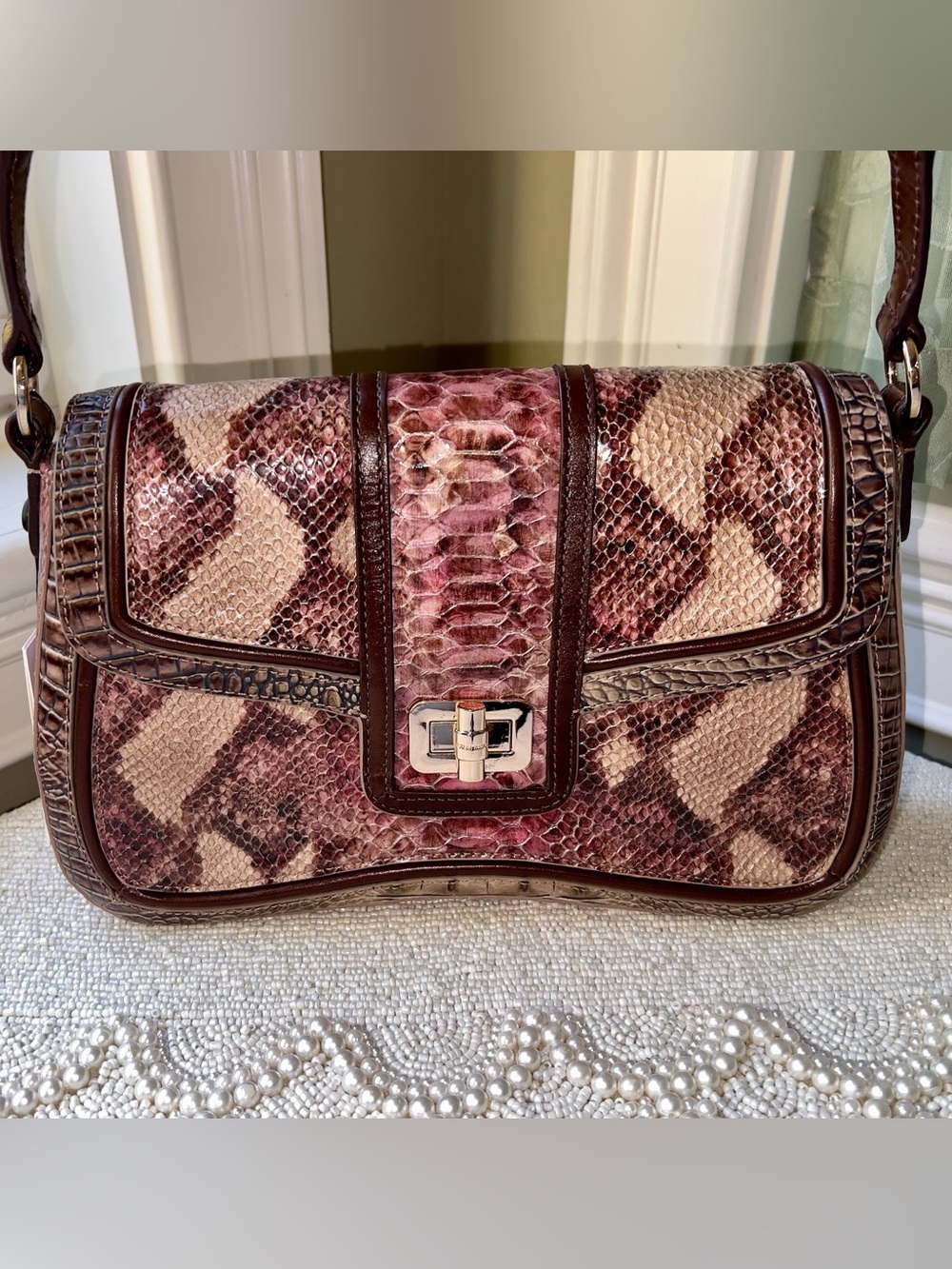 NWT Brahmin Leather NERIDA Shoulder Bag, Brindle Potomac, Pink Snake Print!